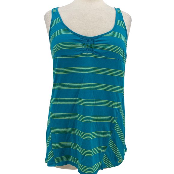Roxy Women's Tank Top Blue & Yellow Striped Scoop Neck Racerback Fringe Large L - Picture 1 of 6